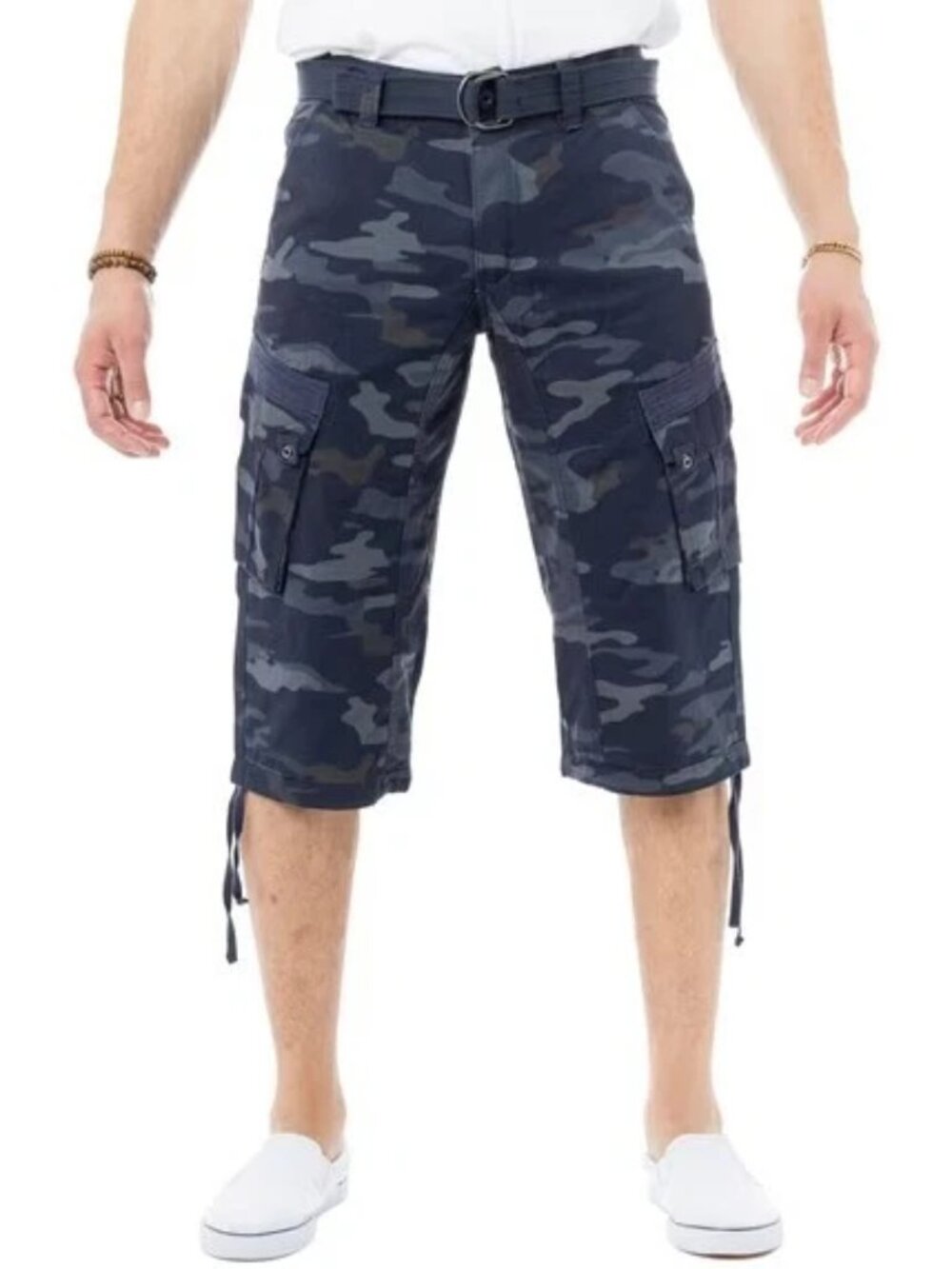 Xray Jeans Mens Shorts Size 48 Navy Blue Camo Belted 100% Cotton Cargo New
